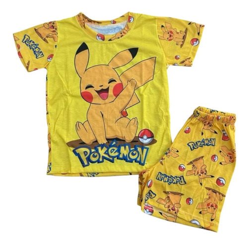 Conjunto Pijama Verano Manga Corta Pikachu Pokemon Niños Amarillo