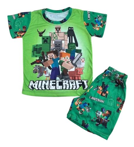 Conjunto Pijama Verano Manga Corta Minecraft Niños Verde