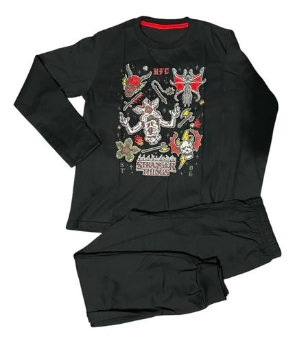 Conjunto Pijama Stranger Things Liso Manga Larga Niño Negro
