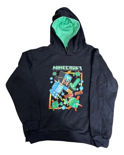 Buzo Niños Minecraft Negro Algodon Y Frisa Con Capucha 16 Negro Estampado