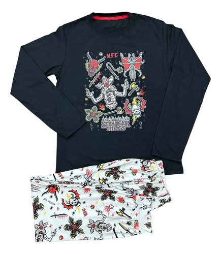 Conjunto Pijama Invierno Stranger Things Algodon Niños Negro