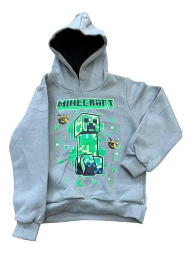 Buzo Minecraft Niños Capucha Bolsillos Friza Invierno Brilla Gris Estampado