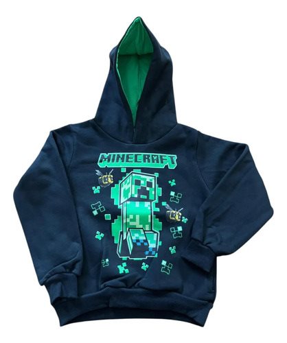 Buzo Minecraft Niños Capucha Bolsillos Friza Invierno Brilla 16 Negro Estampado