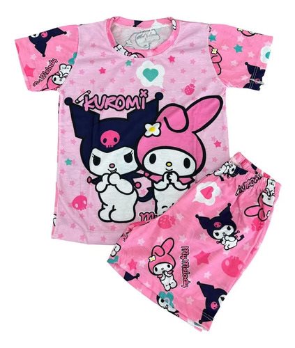 Conjunto Pijama Verano Manga Corta Kuromi Melody Niños Rosa