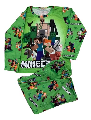 Conjunto Pijama Invierno Manga Larga Minecraft Verde Niños Verde