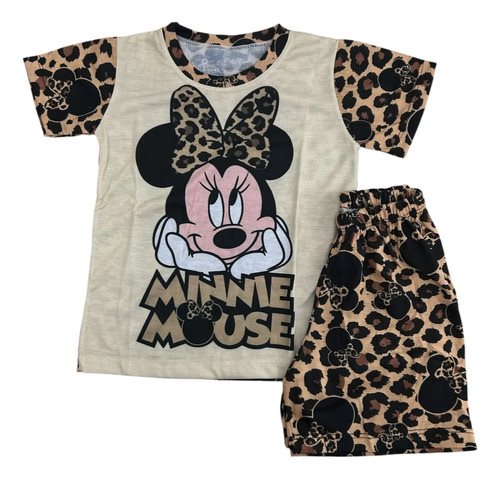 Conjunto Pijama Verano Manga Corta Minnie Mouse Print Niños Marrón