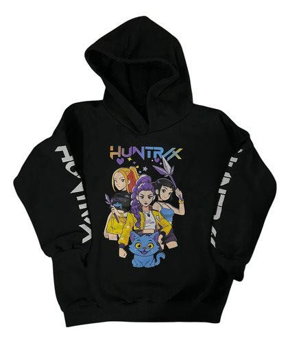 Maxi Buzo Algodon Invierno Huntrix Kpop Niños Capucha Negro Estampado